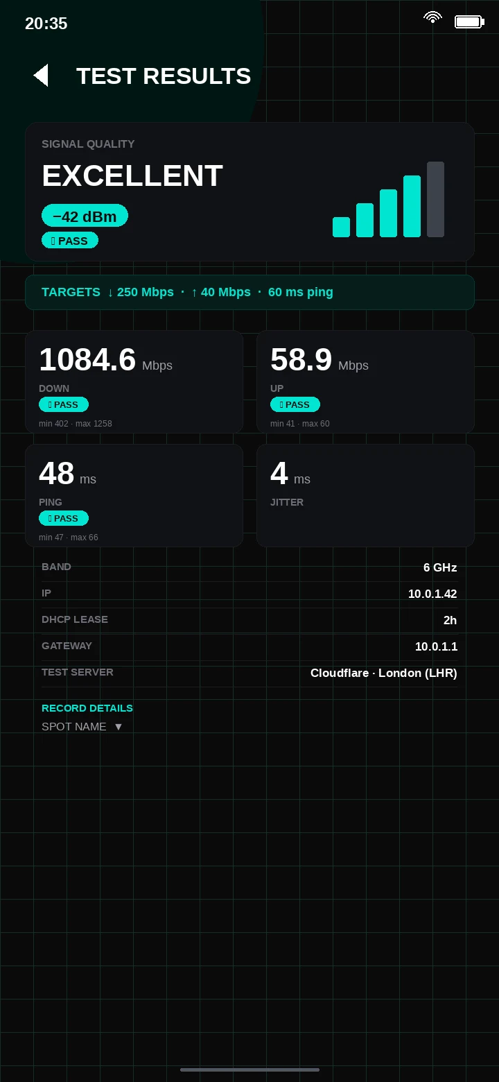 SignalMetrics test-results screen showing 1090 Mbps download and pass badges on all three targets